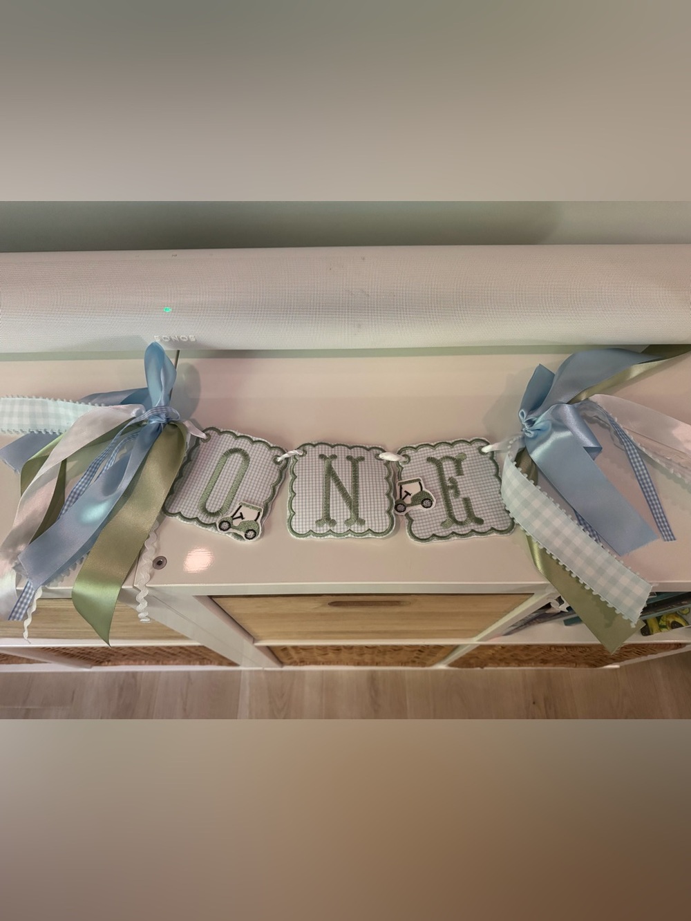 ONE First Birthday Blue and Green Golf Theme Banner Ribbons for Birthday Party